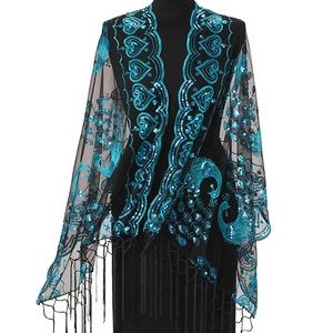 Sequined Peacock Scarf, scalloped edge w/ fringe